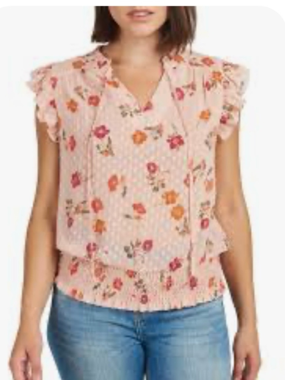 DR2 Pink Floral Ruffle Tie-Neck Blouse